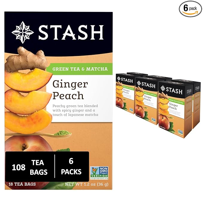 Stash Tea Ginger Peach Green Tea - Caffeinated, Non-GMO Project Verified Premium Tea with No Artificial Ingredients, 18 Count (Pack of 6) - 108 Bags Total - Bloomnest