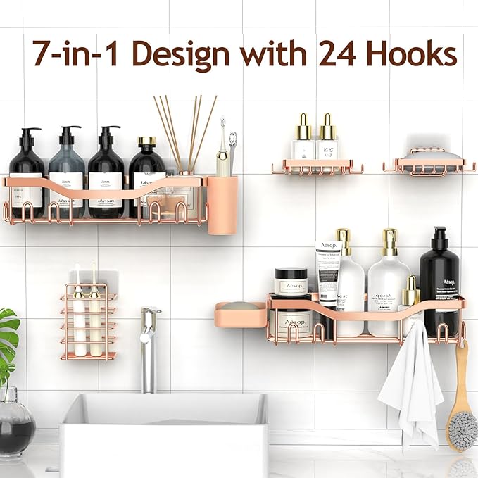 Shower Caddy Adhesive Shower Organizer 7-Pack, Rustproof Stainless Steel Bathroom Shelves, Large Capacity No-Drill Rack Storage Accessories with Soap Dish Toothbrush Holder Hooks - Bloomnest