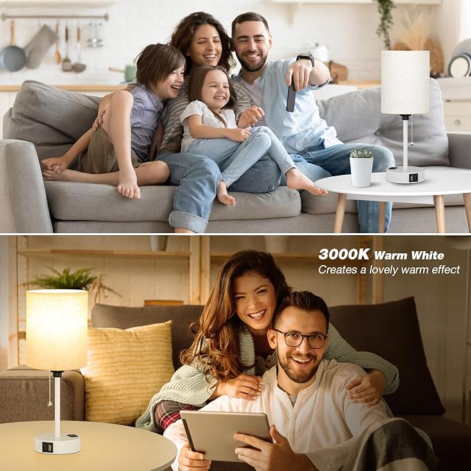 Small Bedside Lamp for Bedroom Nightstand - 3000K 4000K 5000K Bedside Lamps with USB C and A Ports, Pull Chain Table Lamps with AC Outlet, Nightstand Lamps with White Metal Base for Kids Reading - Bloomnest