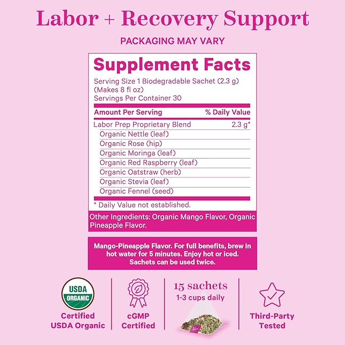 Pink Stork Organic Red Raspberry Leaf Labor Prep Tea - Mango-Pineapple with Nettle, and Moringa - Third Trimester Pregnancy Tea - Labor and Delivery Essentials for Women, 30 Cups - Bloomnest