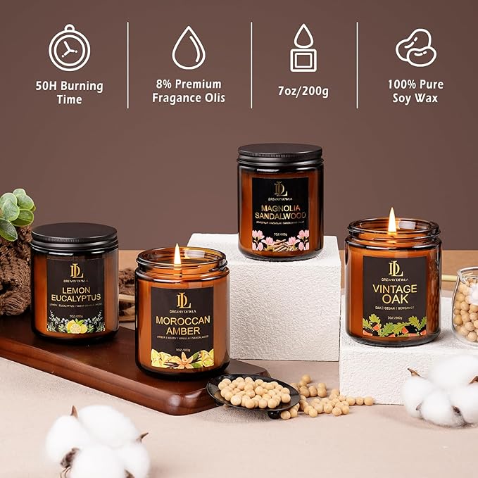Scented Candle Set, Men Candle Set, Candles for Home Scented Gifts, 4Pack 28oz Soy Candles, Scents of Lemon Eucalyptus/Moroccan Amber/Magnolia & Sandalwood/Vintage Oak - Bloomnest