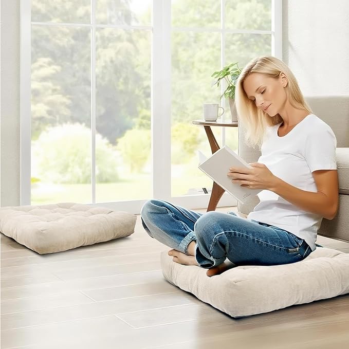 Meditation Floor Pillow Set of 2, Square Large Pillows Seating for Adults, Tufted Corduroy Cushion for Tatami Living Room, 22x22 Inch FP-Beige
