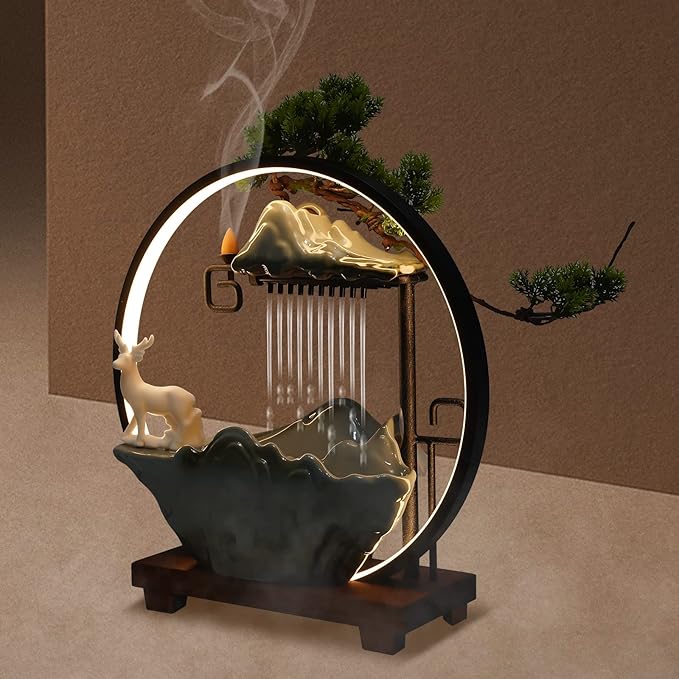 Tabletop Water Fountain, Indoor Waterfall with Round LED Light & Ceramic Elks, Mist Maker and Incense Holder for Home Office Decor - Bloomnest