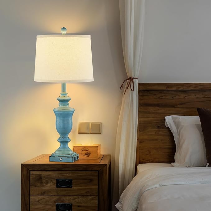 27.5" Set of 2 Farmhouse Table Lamps for Bedroom, 3 Way Dimmable Bedside Lamp with 2 USB +AC Outlet Nightstand Lamps for Living Room Resin Rustic Touch Lamps(Antique Blue) - Bloomnest