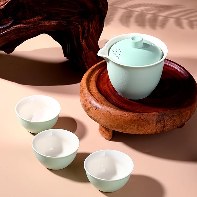 Porcelain Chinese Gongfu Tea Sets for Adults Ceramic japanese Tea Set Portable Kungfu Gaiwan Teapot and Cup Set Small Travel Teaset with Lid for Home Gifting Outdoor and Office (Blue) - Bloomnest