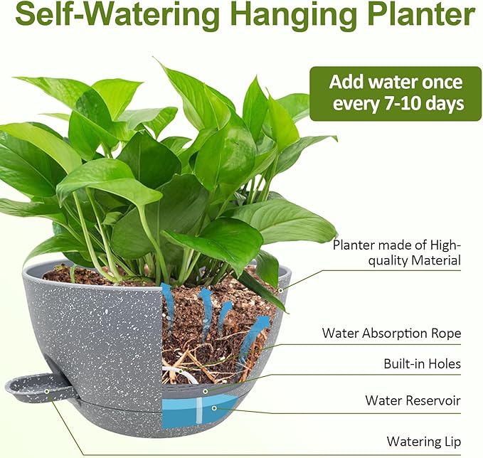 WOUSIWER Self Watering Hanging Planters, 2 Pack 10'' Plastic Pots with Drainage Holes & Reservoir Tray (Speckled Grey) | Indoor & Outdoor Use for Ferns, Ivy, Herbs, Succulents - Bloomnest
