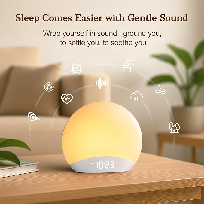 REACHER Sound Machine Sunrise Alarm Clock with Night Light, 26 Nature Inspired Sleep Sounds, 0-100% Dimmable Clock, Sunrise Lamp, Wake Up Light, Brown/Pink/White Noise Machine for Babys, Adults, Kids - Bloomnest