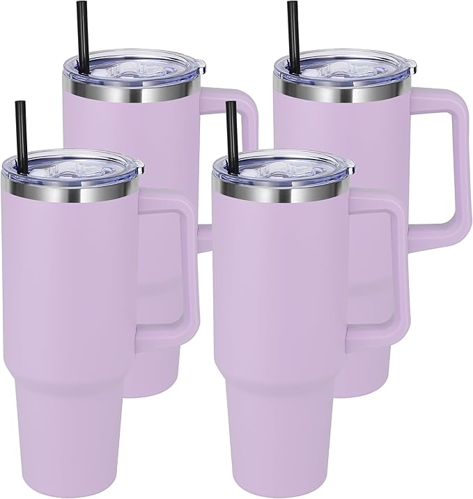 DOMICARE 40 oz Tumbler with Handle and Straw, Stainless Steel Tumbler with Lid and Straw, Reusable Vacuum Insulated Cup, Travel Coffee Mug, Lavender, 4Pack - Bloomnest