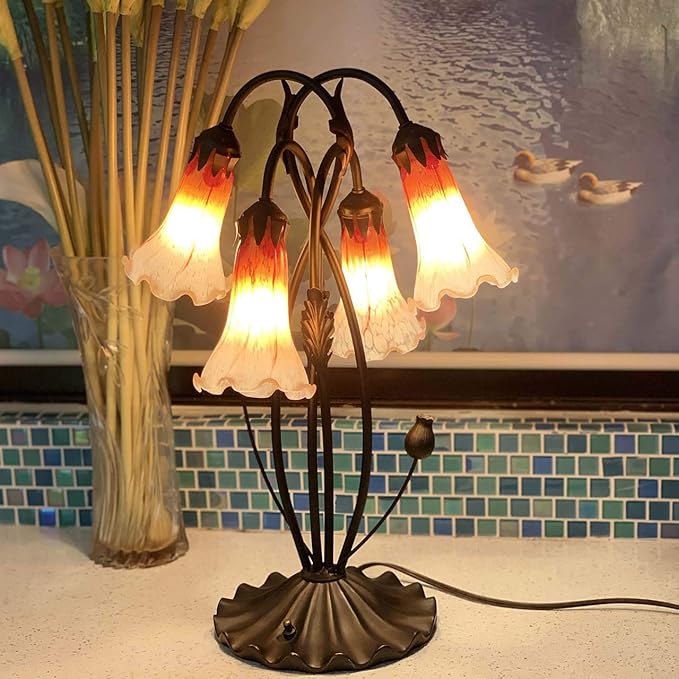 Bieye L10699 Lily Flower Blown Glass Accent Table Lamp for Living Room Bedroom Decoration (4-Light, Orange) - Bloomnest