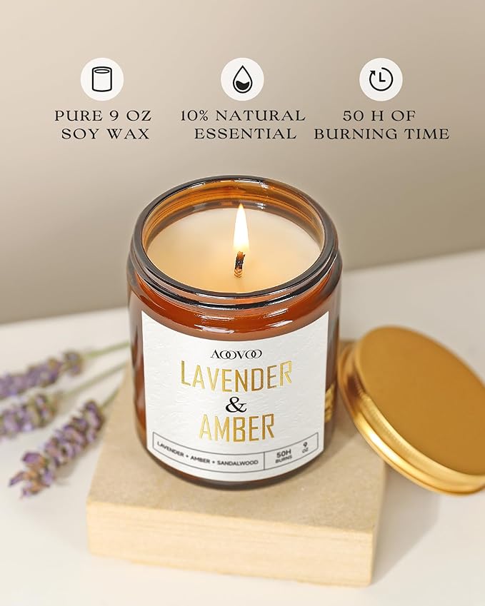 AOOVOO Lavender Amber Candles - 9 oz Scented Candles, Aromatherapy Candle, Soy Candle for Home Scented - Bloomnest