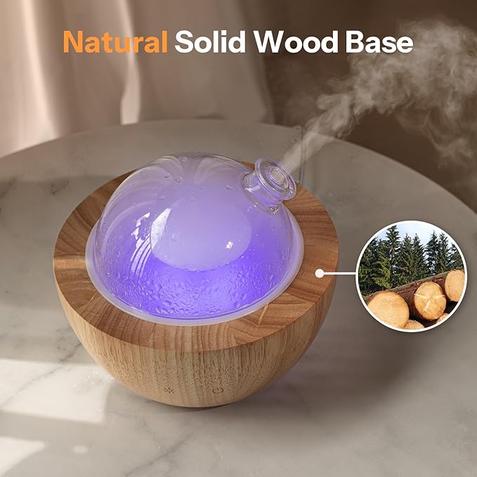 Wanlola 280ml Glass Essential Oil Diffuser with Natural Wood Base, The 2025 Upgrade Aromatherapy Diffusers for Home, Cool Mist Air Aroma Diffuse Humidifier with 7 Color Lights for Office, Bedroom Wanlola
