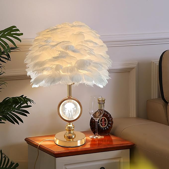 Chic White Feather Lamp Decoration Fluffy Table Lamp Creative Princess Goose Feather Desk Lamp Teen Girl Wedding Bedroom Romantic Bedside Nightstanding Light - Bloomnest