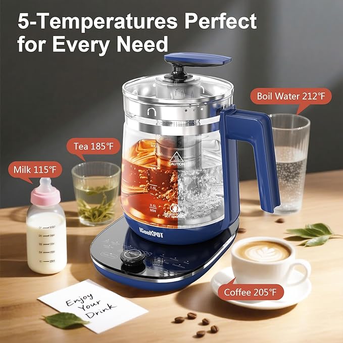 Electric Kettle, 1.5L Borosilicate Glass Hot Water Kettle Electric & Tea Kettle for Coffee or Tea, BPA Free, Auto Shut-Off, Stainless Steel, Blue, 1200w - Bloomnest