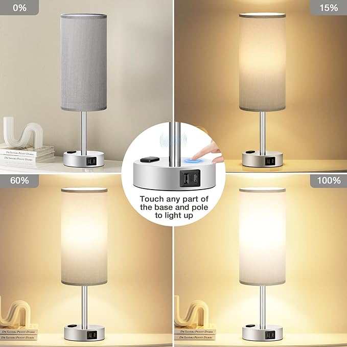 Fenmzee Grey Nightstand Table Lamp for Bedroom - 3 Way Dimmable Bedside Lamp USB C A Charging Ports and AC Outlet, Small Table Lamp Silver Base for Living Room, Office Desk, LED Bulb Included - Bloomnest