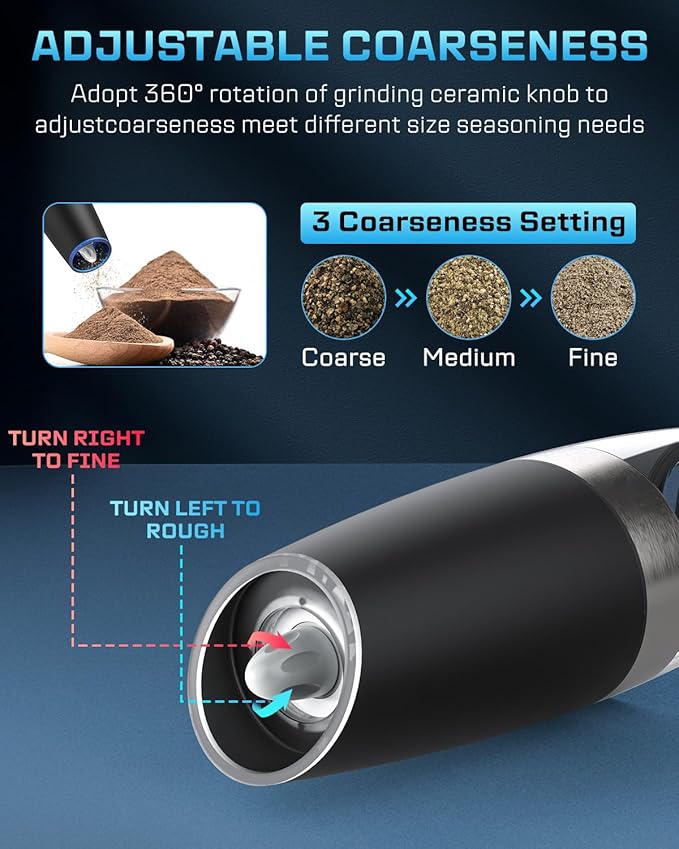 XinXu Gravity Electric Pepper and Salt Grinder Set, Adjustable Coarseness, with LED Light, One Hand Automatic Operation (Set/Black X) - Bloomnest