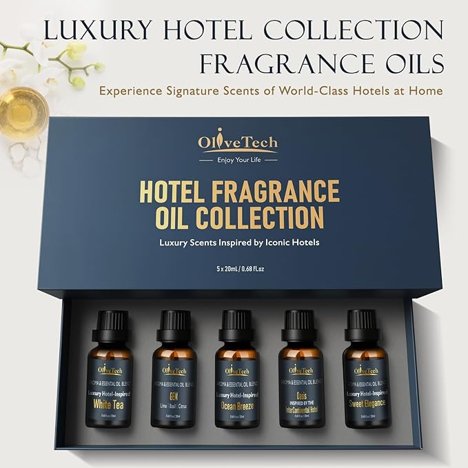 Hotel Collection Diffuser Oil Gift Set - 5 x 20ml / 0.68 fl oz, OliveTech Hotel Fragrance Oil Inspired by Iconic Luxury Hotel, White Tea, GEM & Oasis Scents, Glass Bottles OliveTech
