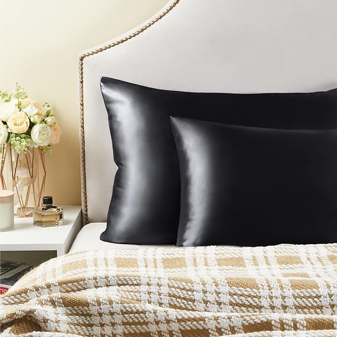BEDELITE Satin Pillowcase for Hair and Skin, Super Soft and Cooling Similar to Silk Pillow Cases 2 Pack with Envelope Closure, Gift for Women Men(20"x26" Standard Size, Black) - Bloomnest