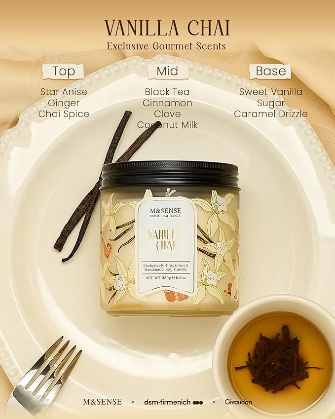 M&SENSE Vanilla Chai Scented Candle, 11.6oz Natural Soy Wax, 70 Hours Long Lasting Clean Burn, Holiday Jar Candle for Home Decor, Non-Toxic Relaxing Aromatherapy Gifts for Women - Bloomnest