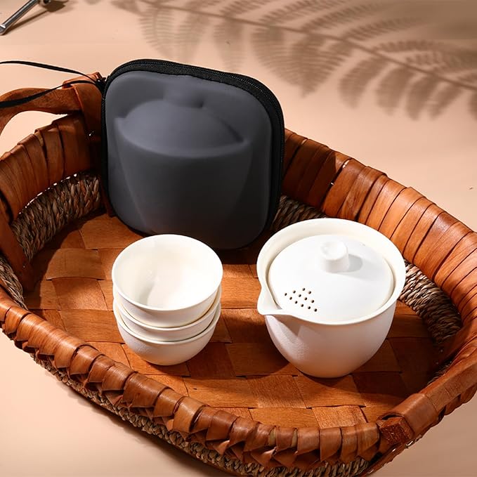 Porcelain Chinese Gongfu Tea Sets for Adults Portable Kungfu Teapot and Cup Set Small Ceramic Tea Party Set Travel Teaset with Lid for Home Gifting Outdoor and Office (White) - Bloomnest
