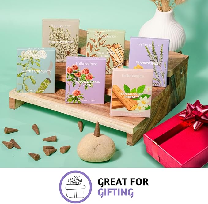 Folkulture Incense Cones Scented | Set of 6 (60 Cones) Pack for Relaxation | Palo Santo, Frankincense, White Sage, Sandalwood Inscents for Gifts for Her | Incense Cone Variety Pack