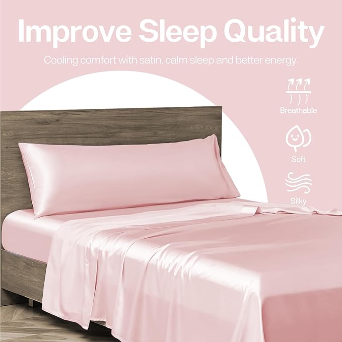 MR&HM Satin Body Pillow Cover, Soft and Breathable Body Pillow Case with Envelope Closure, Cooling and Silky Long Pillowcase for Hair and Skin,Grey (20x54, Light Pink) - Bloomnest