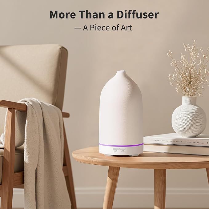 URPOWER 120ML Essential Oil Diffuser Ceramic Aromatherapy Diffuser with 7-Color LED Lights, Auto Shut-Off, 2 Mist Modes, Humidifier for Home Office Decor, Scent Diffuser for Yoga Spa - Bloomnest