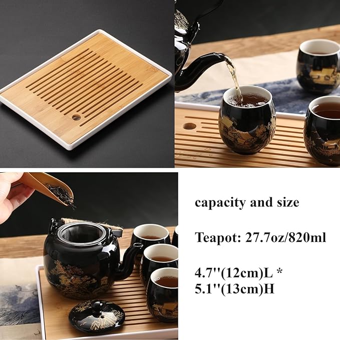 Japanese Tea Set for Adults - Elegant Golden Countryside Theme with Teapot, 6 Cups & Tea Tray, Stainless Steel Infuser - Traditional Asian Gift for Women Men, Housewarming, Wedding - Bloomnest