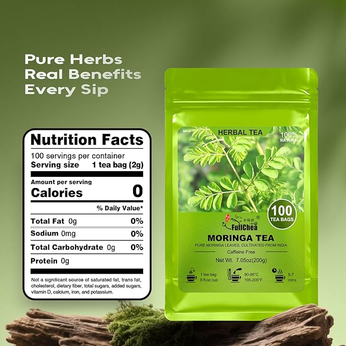 FullChea - Moringa Tea Bags, 100 Count - Pure & Natural Rosabella Moringa Leaves, Cultivated From India - Caffeine-free Herbal Tea for Supporting Digestion & Immune System - Non-GMO - Bloomnest