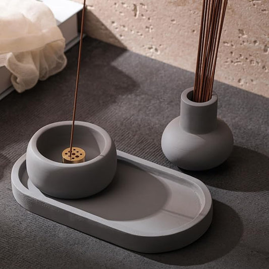 Concrete Incense Burner Set with Holder and Tray,Multifunction Incense Holder for Burning Sage,Palo Santo,Incense Sticks,Ideal for Meditation Home Decor(Grey) - Bloomnest