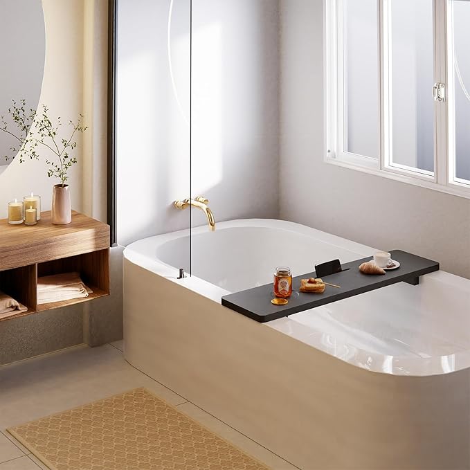 Tinamo Black Bathtub Caddy Tray Table | 35x9x2.5 Inch Large Bath Tub Tray Wooden | Anti-Tipping, Sustainable Tub Tray for Bathtub | Bathtub Accessories Holders for Bathtub (Acacia Wood) - Bloomnest