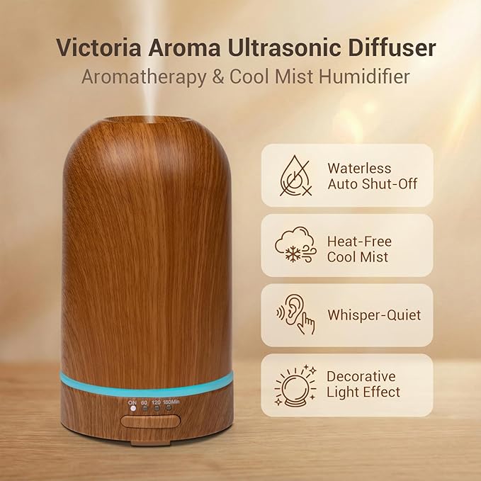 Ultrasonic Essential Oil Diffuser 100ML - Cool Mist Humidifier, 7-Color LED Lights, 3 Timer & Auto Shut-Off, Ideal Gift for Home Bedroom Office (Wood Brown) - Bloomnest