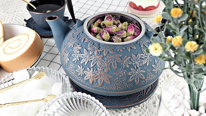 Large Japanese Cast Iron Teapot Capacity 40Oz with Trivet and Loose Leaf Tea Infuser, Cast Iron Tea Kettle Stovetop Safe. Tetsubin Coated with Enamel Interior - Blue Teapot