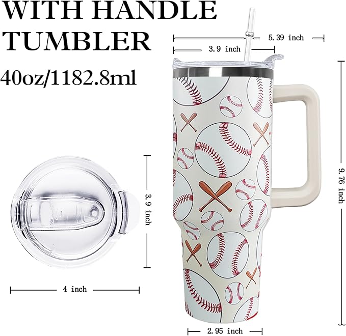 Ceovfoi 40 oz Baseball Coffee Mug Cup Vacuum Insulated Travel Tumbler with Handle Lid and Straw,Baseball Coach Gifts,Baseball Accessories Stuff - Bloomnest