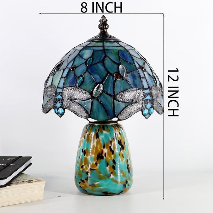 Tiffany Mushroom Table Lamp Dragonfly Style Sea Blue Stained Glass Accent Lamp Brown Blue Glass Base 8X8X12 Inch - Bloomnest