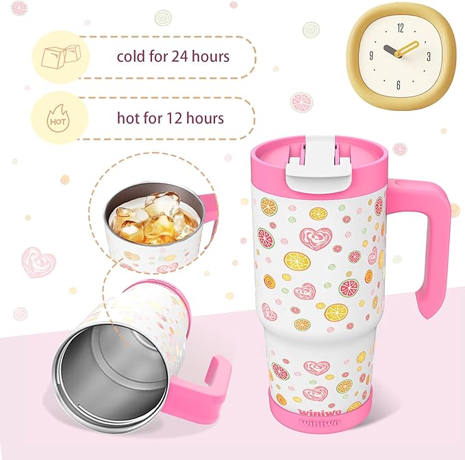 22 oz Tumbler with Handle for Kids, Easy to Hold, Spill-proof, Insulated Cups with Sip/Swig 2-in-1 Lid, Fit Most Car Cup Holders,School, Home,travel,Red Candy - Bloomnest