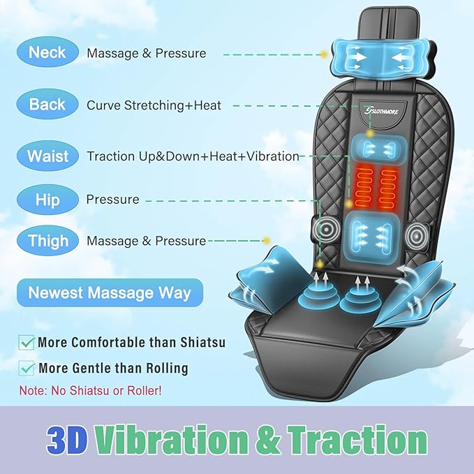 comrelax Back Massager with Heat & Traction & Vibration, Chair Massager Pad for Office Home, Seat Massage for Pain Relief Deep Tissue, Lumbar Traction, PU Leather, Foldable, for 5’1” to 6’1” - Bloomnest