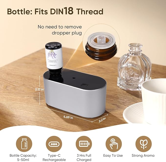 Waterless Diffuser for Home Essential Oil Diffuser, Aromatherapy Diffuser, Portable Scent Diffusers, 3 Mist Modes, Cycle Start for Bedroom, Office Studio 350-700 sq. ft Silver - Bloomnest