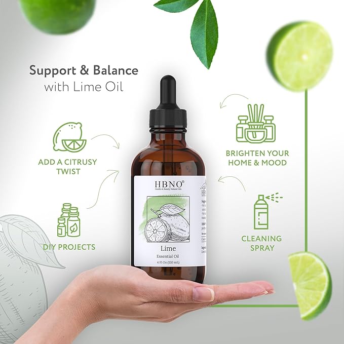HBNO Lime Essential Oil - Huge 4 oz (120ml) Value Size - Natural Lime Oil, Cold Pressed - Perfect for Cleaning, Aromatherapy, DIY, Soap & Diffuser - Bloomnest