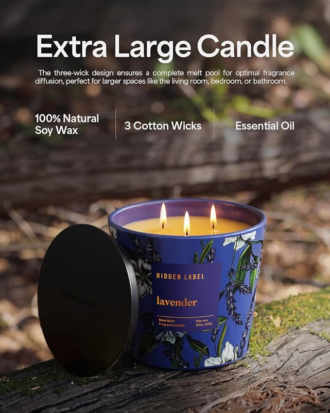 Extra Large Candles, Lavender Candle for Home Scented, 30oz Natural Soy Wax, 3 Wick Large Candle, 100 Hours Clean Burn | Non Toxic | Aromatherapy for Home Decor,Stress Relief,SPA, Relaxation - Bloomnest