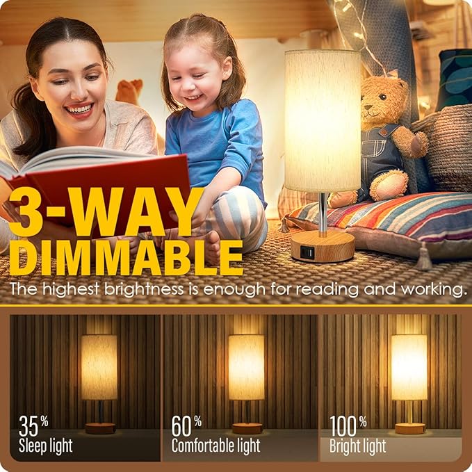 Yarra-Decor Bedside Lamp with USB A+C Port - Touch Control Table Lamp for Bedroom Wood 3 Way Dimmable Nightstand Lamp with Round Flaxen Fabric Shade for Home Office (LED Bulb Included) - Bloomnest