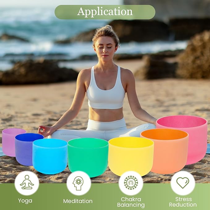 432HZ 6-12 Inch 7 Pcs Colored Frosted Crystal Singing Bowl Set for Meditation Healing Yoga Chakra Quartz Crystal Sound Bowls with Heavy Duty Carry Cases and Rubber Mallet,Suede Striker,O-rings - Bloomnest