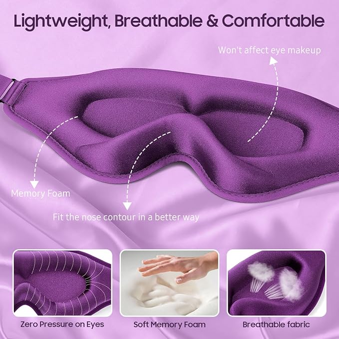 Sleep Mask, Premium Eye Mask for Sleeping, 3D Ergonomic Designed Sleeping Mask, Upgraded Light Blocking & Blindfold Sleep Masks for Women, Men (Purple) - Bloomnest