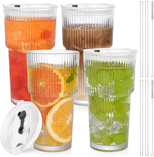 20OZ Glass Tumbler with Straw and Lid,Glass Cups with Lids and Straws,4PCS Ribbed Iced Coffee Cups Vintage Glassware for Juice Whiskey Cocktail Beer