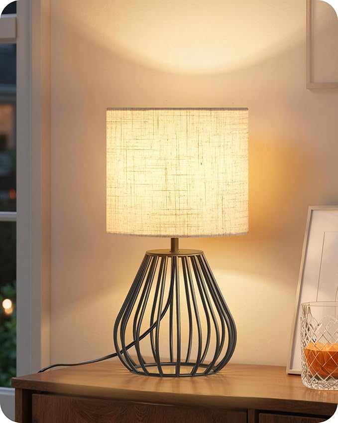 Small Bedside Table Lamp, Black Table Lamp with Metal Cage & Linen Lampshade, Modern Cute Desk Lamp, Cozy Nightstand Lamp for Bedroom, Living Room, Office, 2700K LED Bulb Included, E06TL05 - Bloomnest