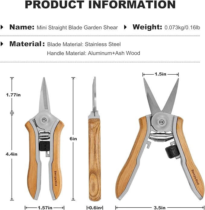 Berry&Bird Mini Pruning Shears for Gardening Straight Blades Hand Pruners with Wooden Handle Garden Scissors Snips Stainless Steel Trimming Small Clippers Bonsai Compact Size Shearing Tool - Bloomnest