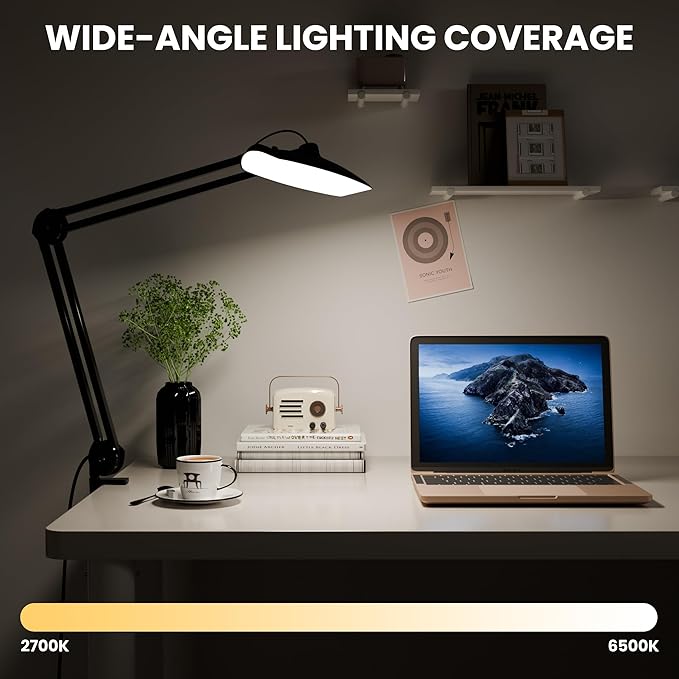 3000 Lumens Adjustable LED Desk Lamp & Task Lamp - Bright, Dimmable Lighting for Office, Crafts, Nails &Salon Hobbies with Clamp (CCT, Black) - Bloomnest