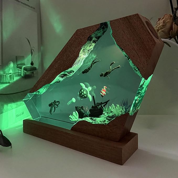 Octopus Ocean Resin Lamp, Handmade Wooden Table Resin Night Light, USB Port Art Ornaments for Home Office Decor, Scuba Diver Gifts for Birthday Holiday, Valentine's Day Gifts for Husband - Bloomnest