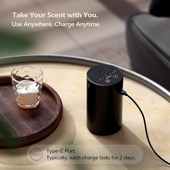 Airversa Waterless Essential Oil Diffuser Starter Kit with 2 x 30mL Fragrance Oil, Battery Operated Mini Scent Air Machine Portable Diffuser for Home Car Office Room, Black AN8 2Packs Kit - Bloomnest