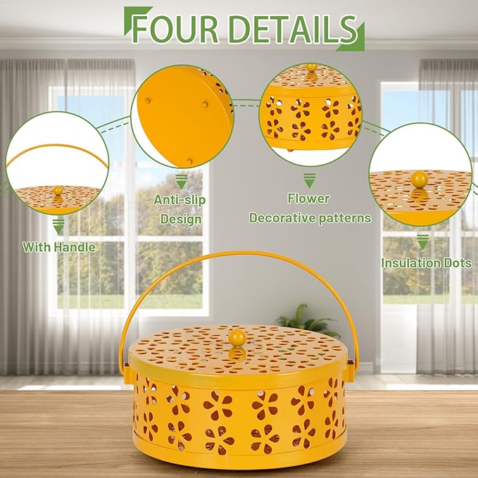 Portable Iron Mosquito Coil Holder with Handle Round Heat-Resistant Incense Holder (Yellow) - Bloomnest