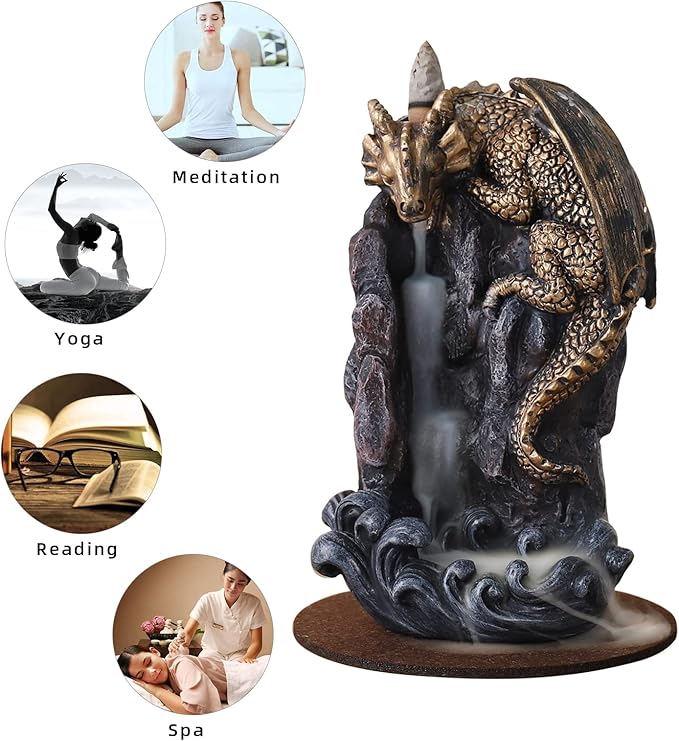 Dragon Backflow Incense Holder Waterfall Incense Burner, with 100 Backflow Incense Cones,1 Mat,1 Tweezers，Aromatherapy Ornamental for Home Office Yoga （Golden Dragon） - Bloomnest